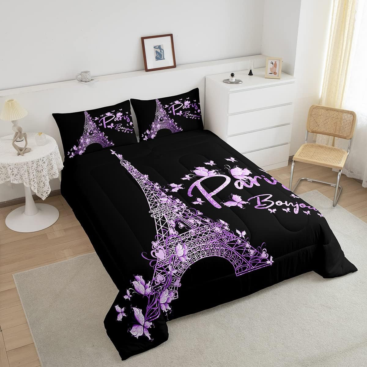 Paris Eiffel Tower Comforter Set Girly Lavender Purple Bedding Set for Kids Boys Girls Butterfly Comforter Famous City Scene Decor Quilt Set Room 3Pcs Full Size