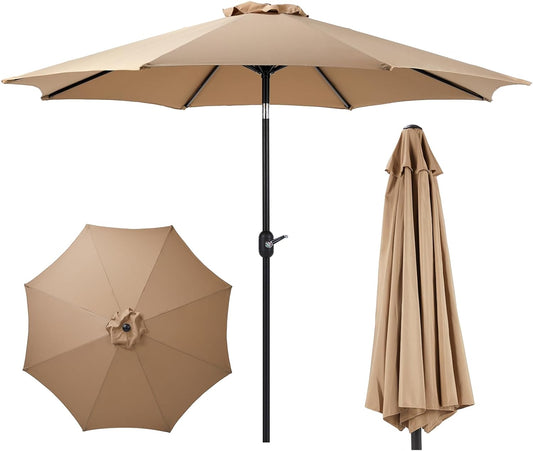 Sweetcrispy 9FT Patio Umbrella with Push Button Tilt and Crank, Outdoor Umbrella, Pool Umbrella with 8 Sturdy Ribs for Market, Terrace, Beach, Outdoor Restaurant (Beige)