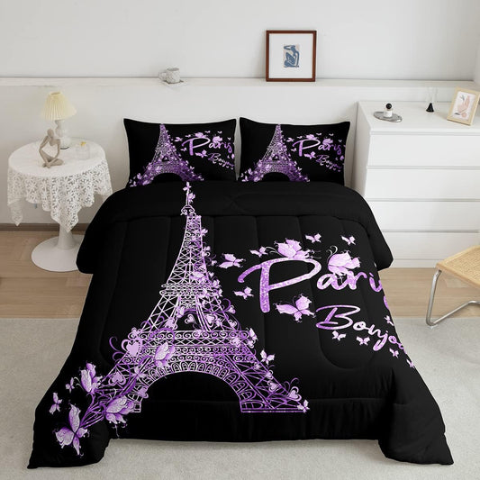 Paris Eiffel Tower Comforter Set Girly Lavender Purple Bedding Set for Kids Boys Girls Butterfly Comforter Famous City Scene Decor Quilt Set Room 3Pcs Full Size