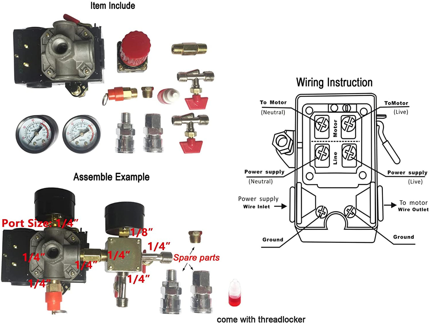 Secbolt Pressure Switch Manifold Regulator Gauges Air Compressor Pressure Switch Control Valve 90-120PSI (American Pattern)