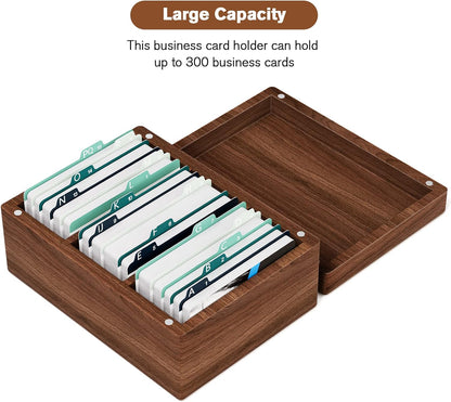 Maxgear Business Card Holder 2.2 X 3.5 Inch Index Card Organizer, Wooden Desktop Business Card Organizer, 3 Divider Boards for 300 Index Cards, A-Z Tab Cards Note Recipe Cards (6.4 X 4.5 X 3 Inch)