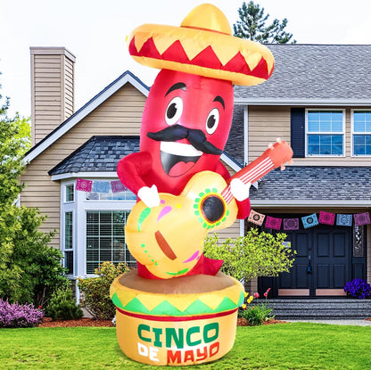 Domkom 6Ft Cinco De Mayo Day Inflatable Chili with Taco Sombreros Guitar, Mexican Party May 5 Taco Sombreros Glasses Built-In Leds Light Fiesta Maracas Blow up for Garden Lawn Yard