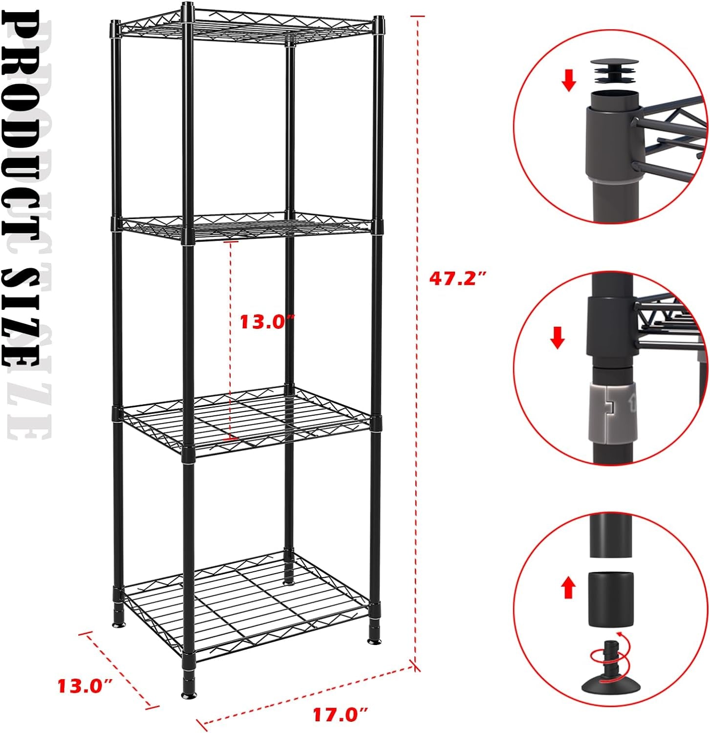 4 Tier Fixed Layer Spacing Storage Shelf Metal Storage Rack Wire Shelving Unit Storage Shelves Metal 528Lbs Capacity 17" L X 13" W X 47" H for Pantry Closet Kitchen Laundry Black