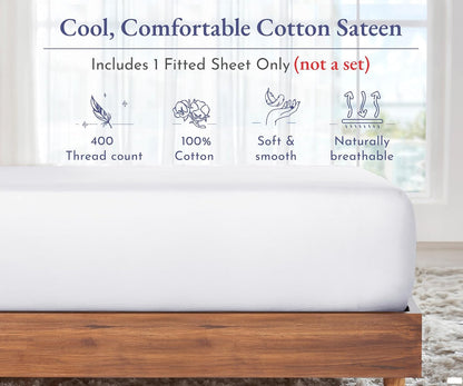 California Design Den Queen Size Fitted Sheet, 100% Cotton 400 Thread Count Sateen, Deep Pocket Queen Fitted Sheet Only, 100% Cotton Fitted Sheet Queen Size, No-Pop off Elastic (Queen, White)