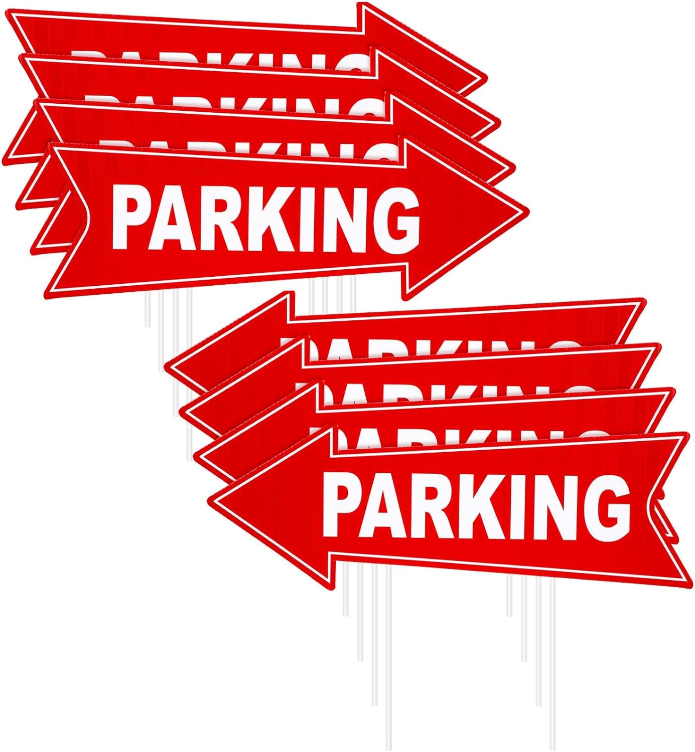 8 Pcs Parking Sign with Stake Directional Arrow Signs with Stakes 17 X 6 Inch Event Parking Red and White Yard Sign Corrugated Plastic Parking Signs for Event Left and Right Guest Parking Sign