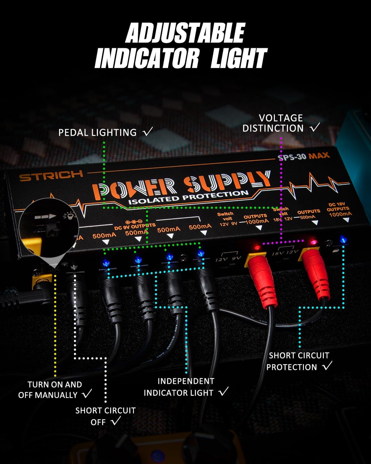 STRICH SPS-30 MAX Guitar Pedal High Power Supply, Pedalboard Power Supply with 8 Totally True Isolated DC 9V/12V/18V Outputs(500Ma/1000Ma), Power Supply for Power-Hungry Effect Pedal, Noiselessly