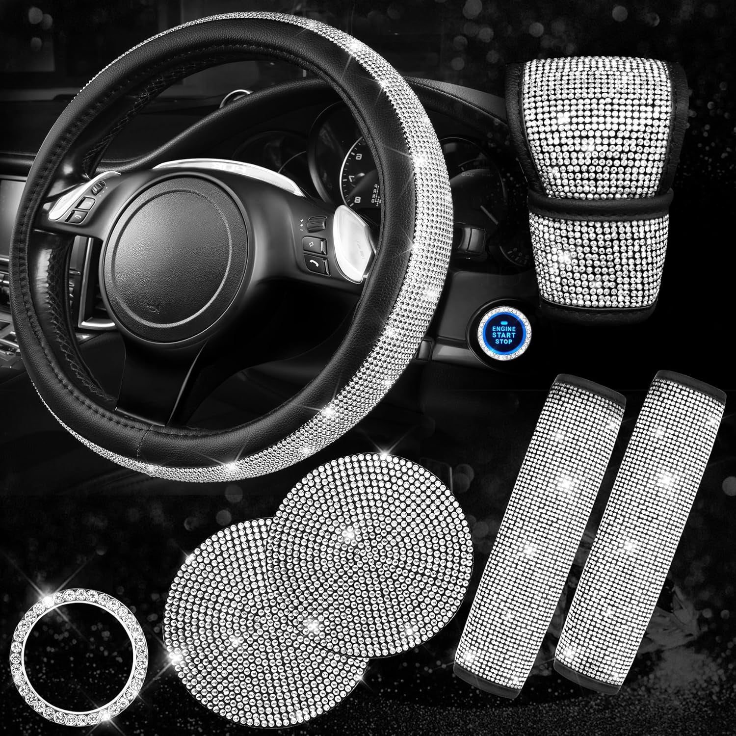 CAR PASS 7 PCS Bling Car Accessories for Women, Sparkly Rhinestone Diamond Steering Wheel Cover, Bling Seat Belt Cushion, Glitter Shift Knob Cover, Car Cup Holder Coaster, Cute Interior Sets Silver