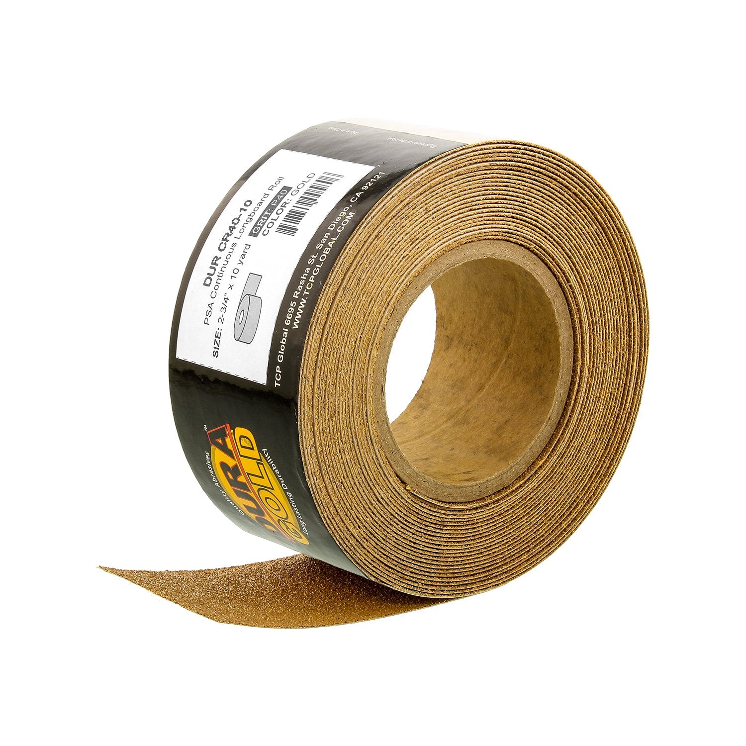 Dura-Gold Premium 40 Grit Gold PSA Longboard Sandpaper 10 Yard Long Continuous Roll, 2-3/4" Wide - Self Adhesive Stickyback Sandpaper for Automotive, Woodworking, Air File Sanders, Hand Sanding Blocks