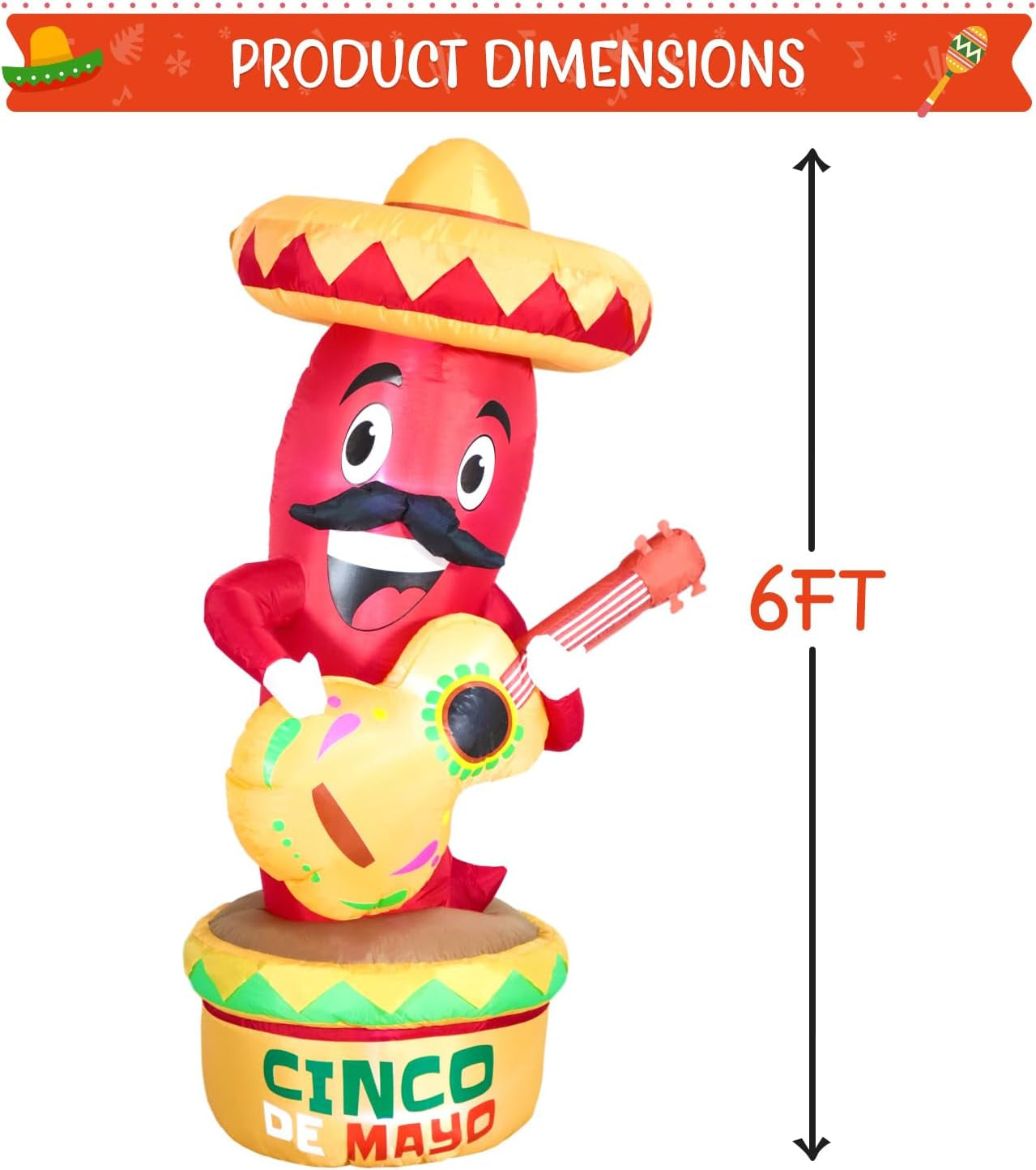 Domkom 6Ft Cinco De Mayo Day Inflatable Chili with Taco Sombreros Guitar, Mexican Party May 5 Taco Sombreros Glasses Built-In Leds Light Fiesta Maracas Blow up for Garden Lawn Yard