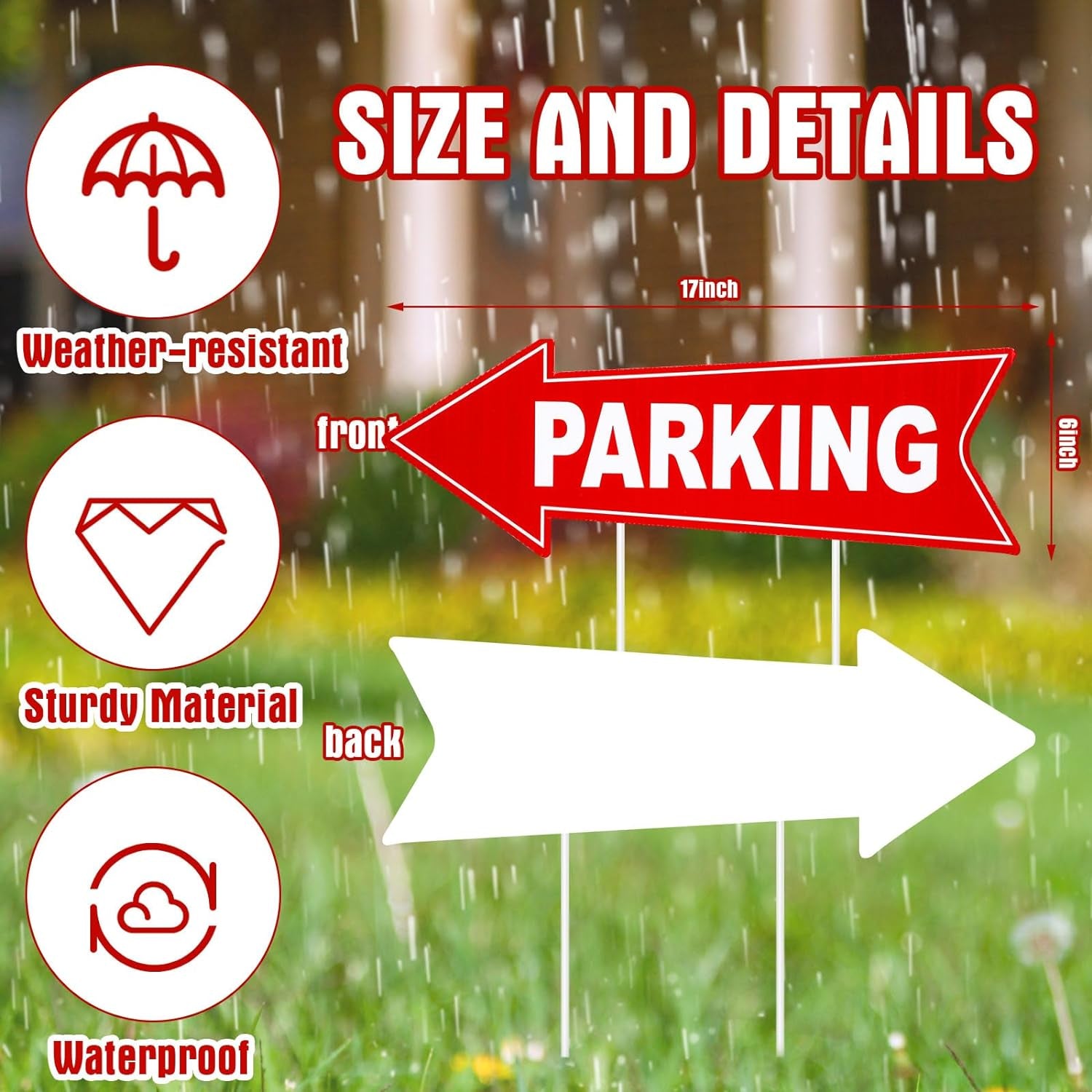 8 Pcs Parking Sign with Stake Directional Arrow Signs with Stakes 17 X 6 Inch Event Parking Red and White Yard Sign Corrugated Plastic Parking Signs for Event Left and Right Guest Parking Sign