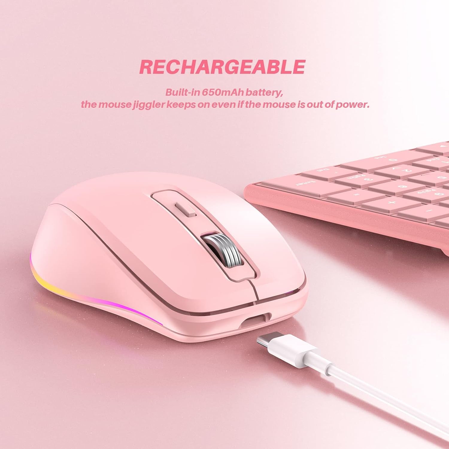 Jiggler Mouse for Laptop, LED Wireless Mouse - Rechargeable Computer Mice, Mouse Mover Undetectable Automatic Movement with On/Off Button Keeps Computer/Laptop Awake - Pink