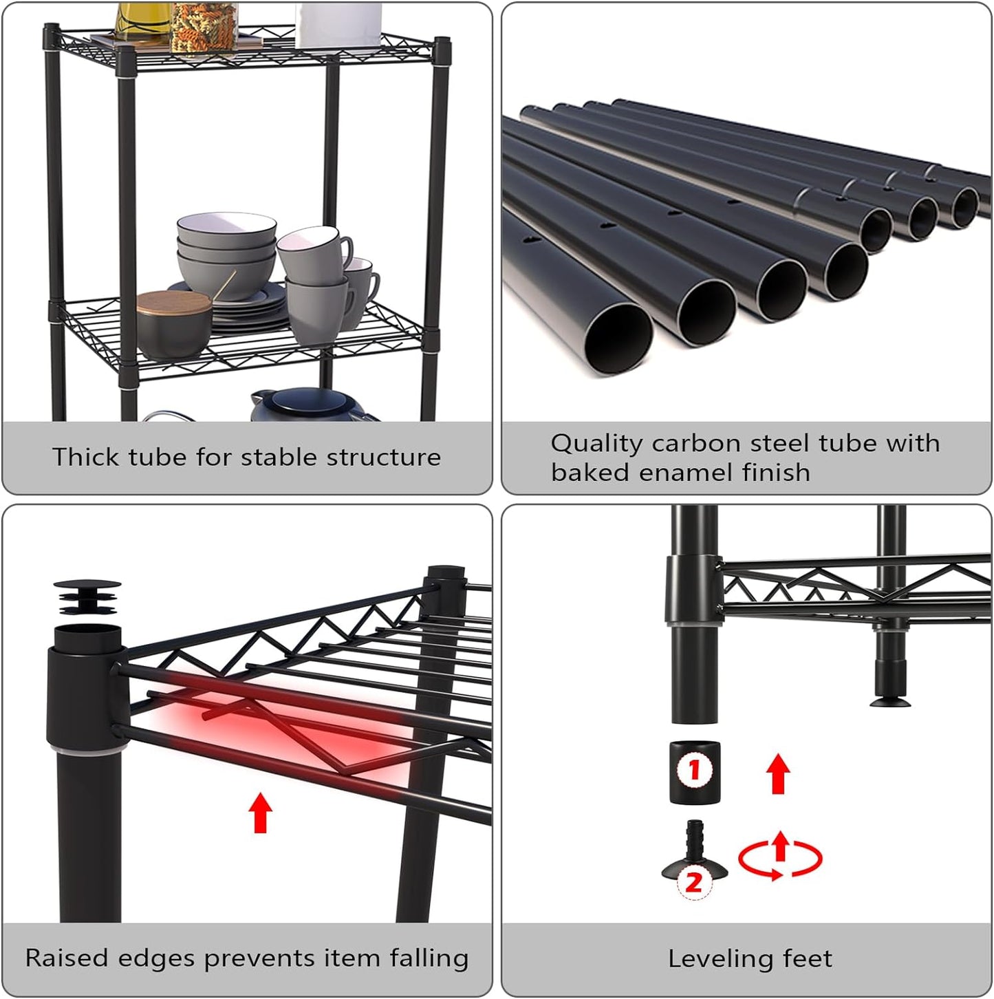 4 Tier Fixed Layer Spacing Storage Shelf Metal Storage Rack Wire Shelving Unit Storage Shelves Metal 528Lbs Capacity 17" L X 13" W X 47" H for Pantry Closet Kitchen Laundry Black