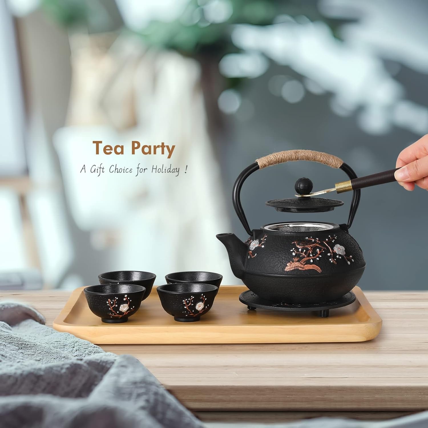 Japanese Style Cast Iron Teapot with 4 Tea Cups Trivet Tetsubin Tea Kettle with Infuser Chinese Tea Set for Adults Iron Tea Pots Black (Magpie and Plum Pattern)