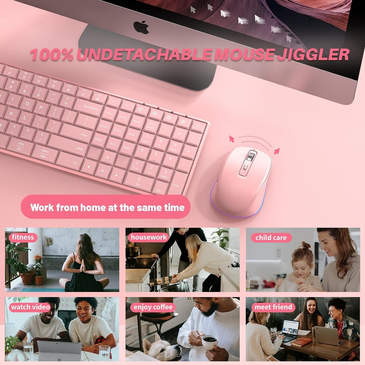 Jiggler Mouse for Laptop, LED Wireless Mouse - Rechargeable Computer Mice, Mouse Mover Undetectable Automatic Movement with On/Off Button Keeps Computer/Laptop Awake - Pink