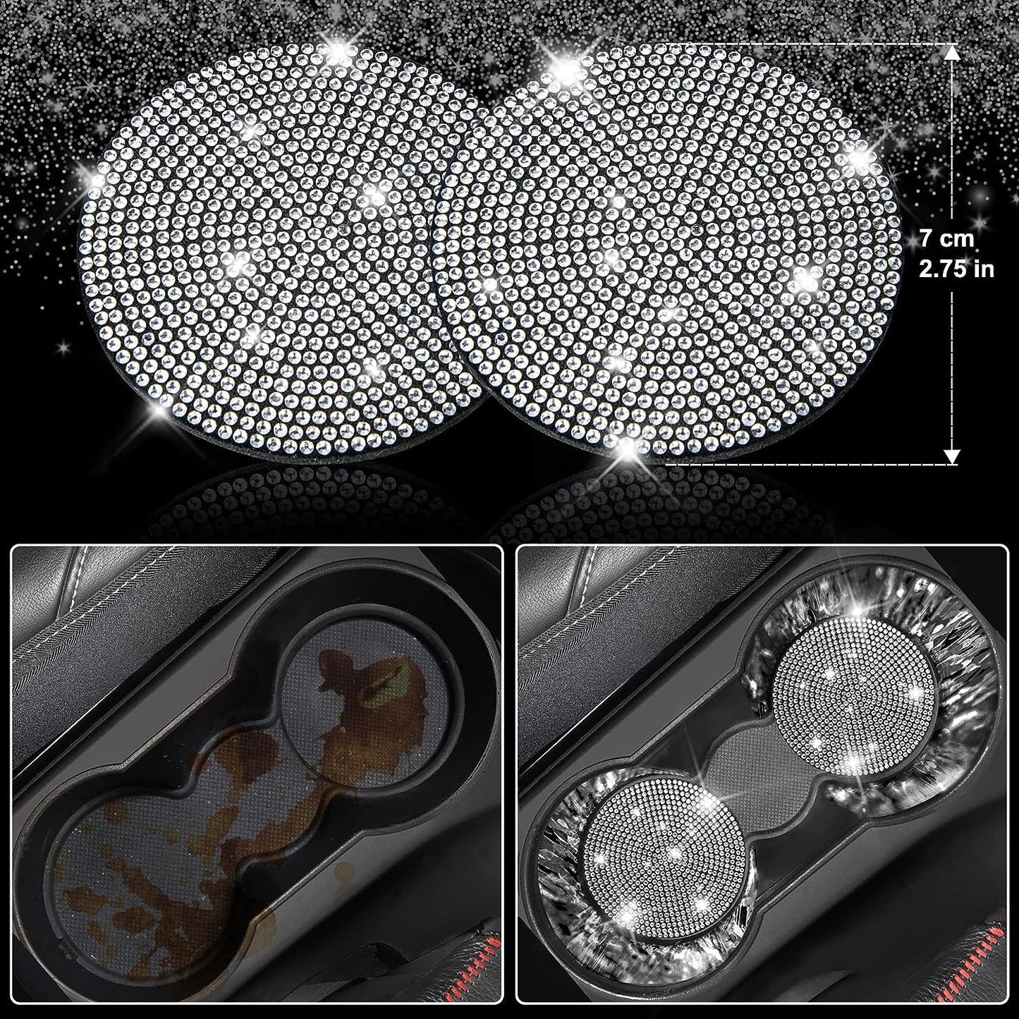 CAR PASS 7 PCS Bling Car Accessories for Women, Sparkly Rhinestone Diamond Steering Wheel Cover, Bling Seat Belt Cushion, Glitter Shift Knob Cover, Car Cup Holder Coaster, Cute Interior Sets Silver